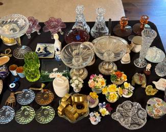     Glassware, decanters, porcelain flowers and collectible smalls