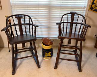     Pair of unusual spindle-back wooden chairs with headrests