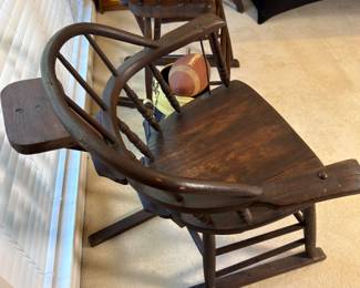    Pair of unusual spindle-back wooden chairs with headrests