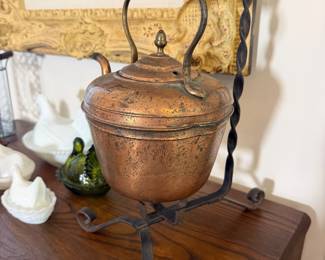 Copper tea kettle with lid and hanging iron display stand