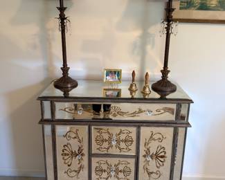     Mirrored floral cabinet and paired table lamps