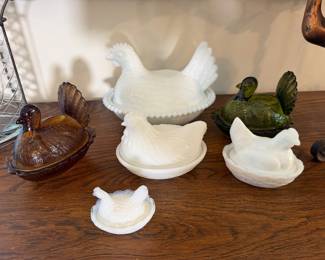 Milk glass, green, and amber Hen On Nest