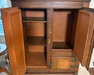 Inside antique wooden icebox 