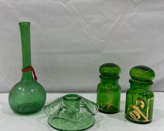 Green glass jars and decor