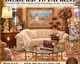 Bombay chest, bombe chest, burl wood chest, cream upholstered sofa, carved wood furniture, glass coffee table, brass coffee table, beveled glass table, vintage table lamp, figural table lamp, Fenton glass pitcher, hand painted glass pitcher, art glass ewer, decorative side table, glass top side table, silk floral arrangement, vintage Santa figurine, ceramic Santa, mechanical bird cage, decorative bird cage, Chanel handbag, quilted leather handbag, leopard brooch, panther brooch, formal living room furniture, luxury home decor, estate furniture, vintage furniture, decorative arts, 1990s home decor