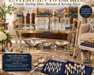 Waterford crystal, Waterford candlesticks, Waterford crystal glasses, Waterford old fashioned glasses, crystal barware, crystal candlestick holders, Lucite bar cart, brass bar cart, vintage bar cart, Lucite ice bucket, duck head decanters, brass duck decanters, glass decanters, Nambe bowls, Nambe serving bowls, sterling silver flatware, Treasure sterling flatware, William & Mary sterling, Rogers Lunt & Bowlen, 1921 sterling pattern, sterling oyster forks, sterling butter spreaders, sterling salad forks, sterling table forks, sterling soup spoons, sterling teaspoons, sterling serving spoons, sterling table knives, Towle sterling, estate silver service