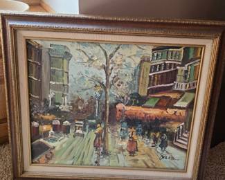 a vintage mid-century impressionist oil painting on canvas depicting a European or Parisian street scene, signed "Gratzu" in the lower right corner