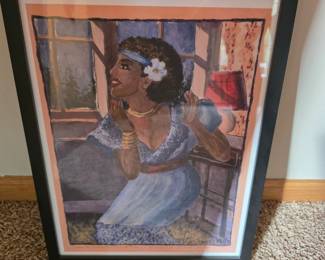 art print depicting a woman in a blue dress with a white flower in her hair, looking out of or near a window