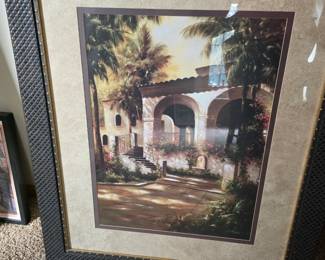 matted print titled "Boca Grande" by Florida artist J. Martin, featuring a Spanish-style courtyard or villa with palm trees and stone stairways