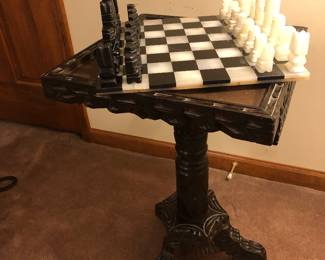 Vintage Onyx chest set and game table from Mexico.