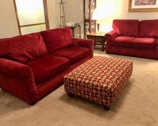 Red corduroy sofa, love seat and geometric design ottoman
