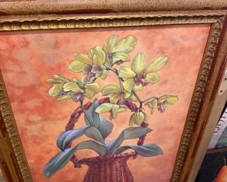 #60B - $90 - Framed art Yellow Orchads in basket orange back ground 31wx43t