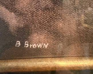 #65 - $90 - B. Brown gold scroll & black framed art of garden terrace 33wx38t