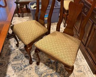 #1 - $1,100 - American Drew Scallop edge dinning table made in USA 68wx44dx28t - 2 leaves 16w - - 8 Queen Anne chairs, 1 arm - gold seats 20wx18dx42t