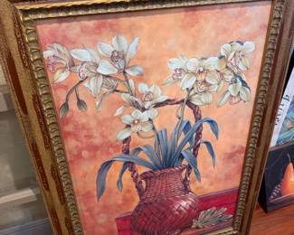 #60A - $90 - Framed art White Orchads in basket orange back ground 31wx43t
