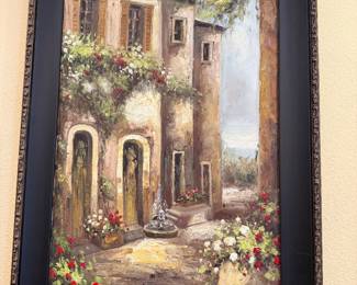 #57 - $80 - Building with flowers canvas painting in frame 31wx42t