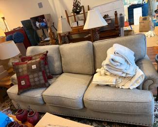 #25 - $350 - Grey tweed couch with gold pins 82wx36dx37t