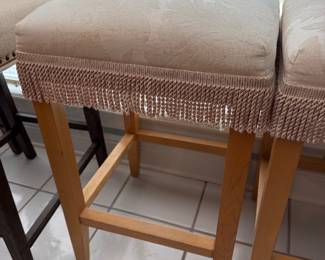 #45 - $140 - Pair of poof top bar stools paisley top with fringe 18wx18dx30t