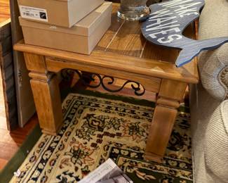 #20 - $200 - 2 end tables and coffee table with metal scroll - end tables 27wx27dx20t - coffee table 29x27dx17t