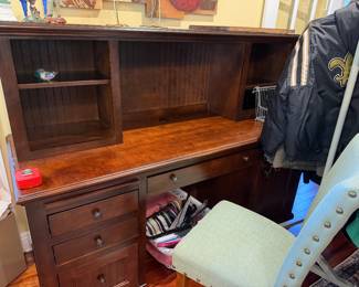#50 - $200 - Tall walnut desk with 3 drawers mouse opening 1 door, 2 slid outs 76wx26dx52t