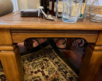 #20 - $200 - 2 end tables and coffee table with metal scroll - end tables 27wx27dx20t - coffee table 29x27dx17t