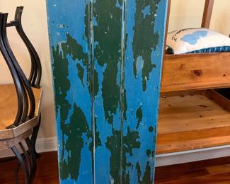 #39 - $80 - Barn door table with blue green paint peg legs 59wx21dx18t