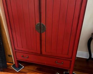 #38 - $160 - Red painted entertainment cabinet 37wx22dx49t