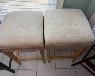 #45 - $140 - Pair of poof top bar stools paisley top with fringe 18wx18dx30t