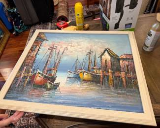 #69 - $70 - Marina scene oil on canvas framed art 26wx22t signed Florence