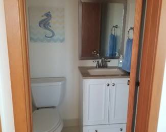 Commode; updated bath vanity; vanity lights