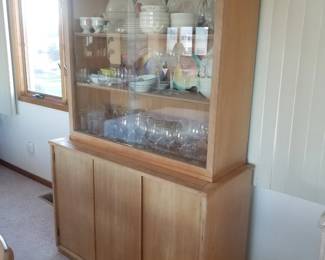 Mid-century Modern china cabinet; hostess aids and serving ware