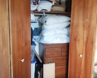 Sturdy wood dresser; artwork; bedding; household supplies