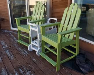 Polywood chairs; bar cart table