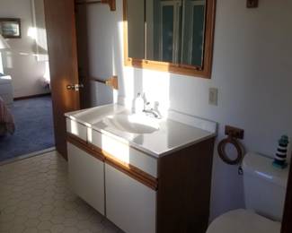 Bath vanity; mirror; vanity lights; commode