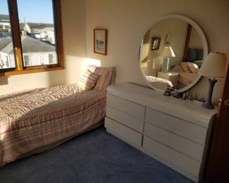 Twin bed; 6-drawer dresser with mirror