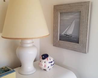 Table lamp; sailboat painting
