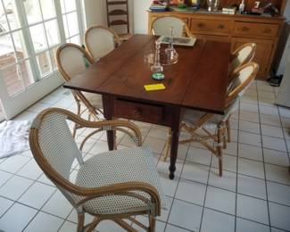 Drop-leaf dining table with drawer; Serene & Lily chairs - 6 available
