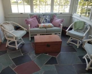 Faux bamboo porch furniture; antique trunk
