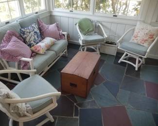 Faux bamboo porch furniture; antique trunk