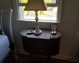Ladies sewing stand; alabaster table lamp