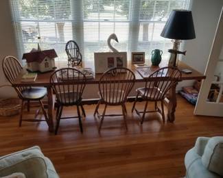 Handsome harvest table with 4 Windsor chairs; vintage decor