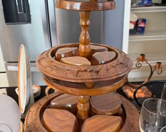 Vintage Hand Carved Wood Monkey Pod 3-Tiered Lazy Susan Beautiful