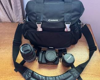 Canon Rebel Camera, extra lenses, bag, and equipment