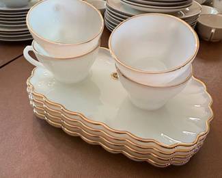 Vintage Anchor Hocking FireKing Golden Shell Milk Glass Snack Set
