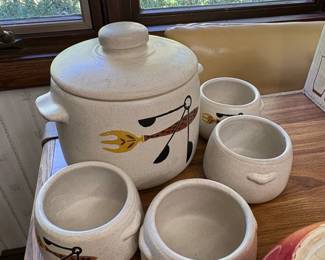 Vintage West Bend USA Stoneware Bean Pot with Bowls Fork  Spoon Pattern