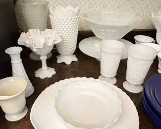 Estate Kitchen Assortment Milk Glass, Ceramic Canisters, and Decorative Tableware