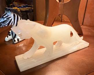 Vintage MidCentury Carved Alabaster Stalking Big Cat Figurine