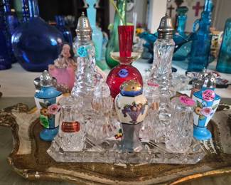 German  crystal  salt and pepper shakers and 2 blue art deco beautiful  vintage s/ p shakers and other select items on a Italian gold ornate serving tray from Florence , Italy 