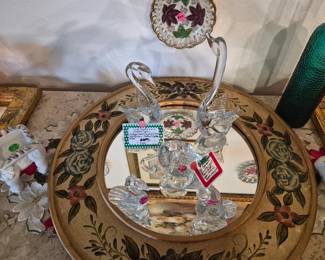 Large vintage crystal art swans on a vintage floral  mirror