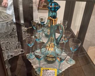 MCM Romanian Blue Art Glass decanter set (6) with 22 k gold overlay. In pristine  condition 